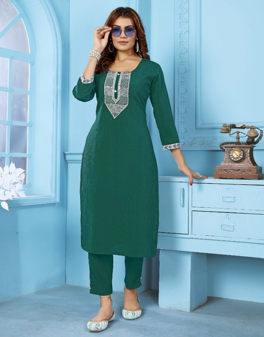 Green Rinkal Cotton With Embroidery Work Kurti