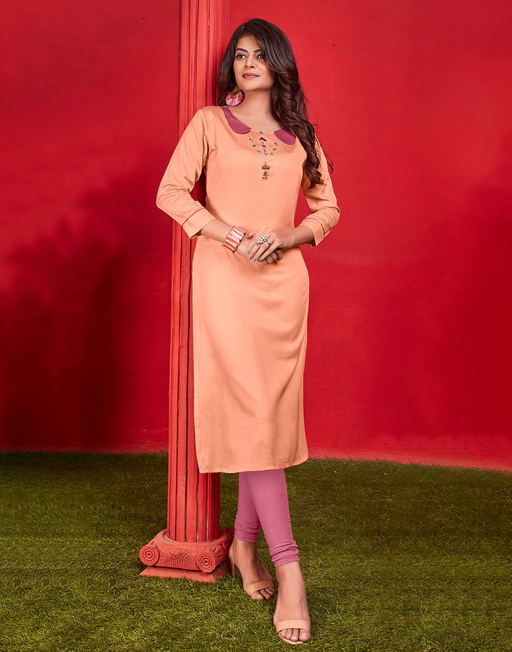 Peach Cotton With Heavy Embroidery Kurti