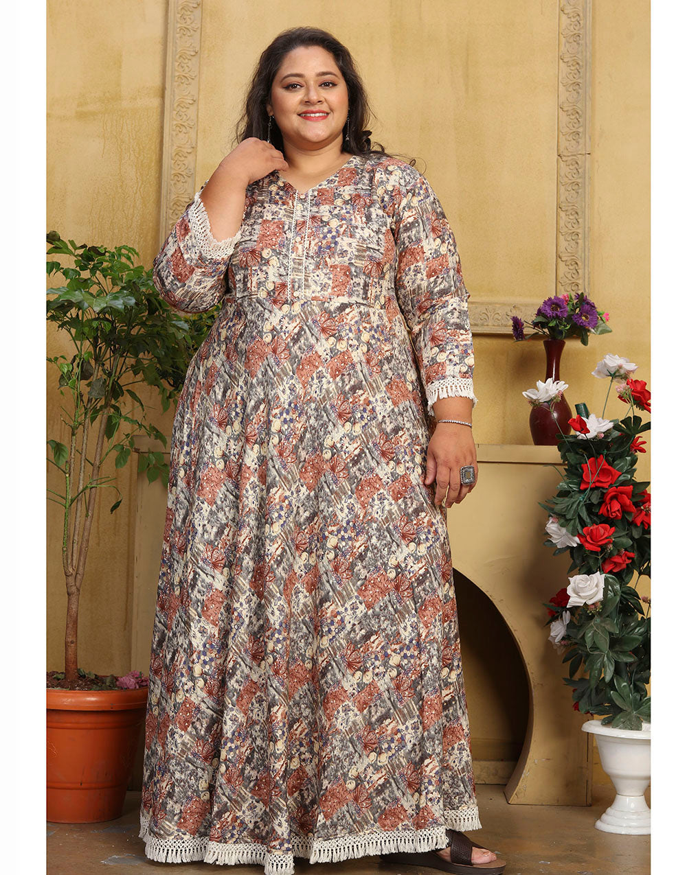 Light Brown & Light Grey Printed Rayon Long Kurti