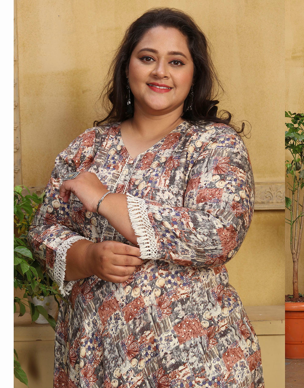 Light Brown & Light Grey Printed Rayon Long Kurti