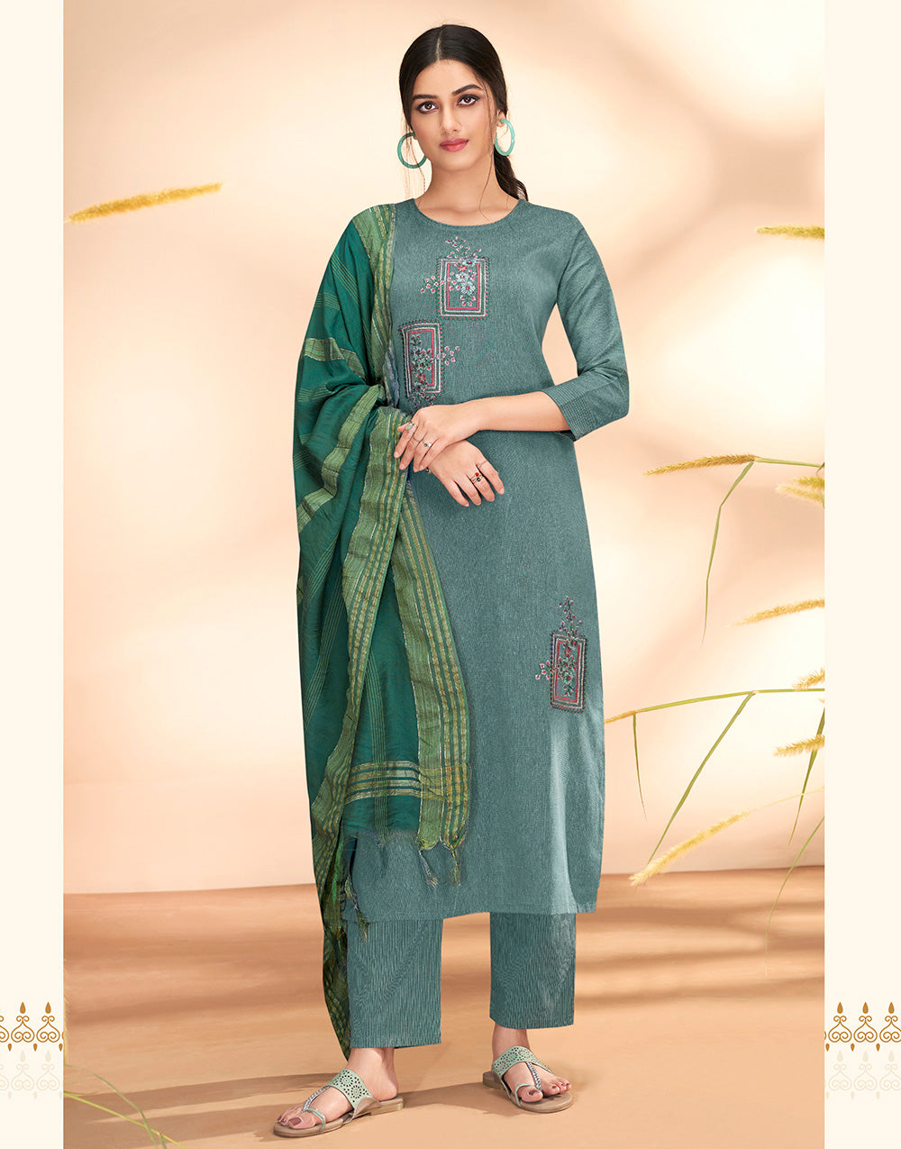 Viridian Green Cotton With Embroidery Salwar Suit