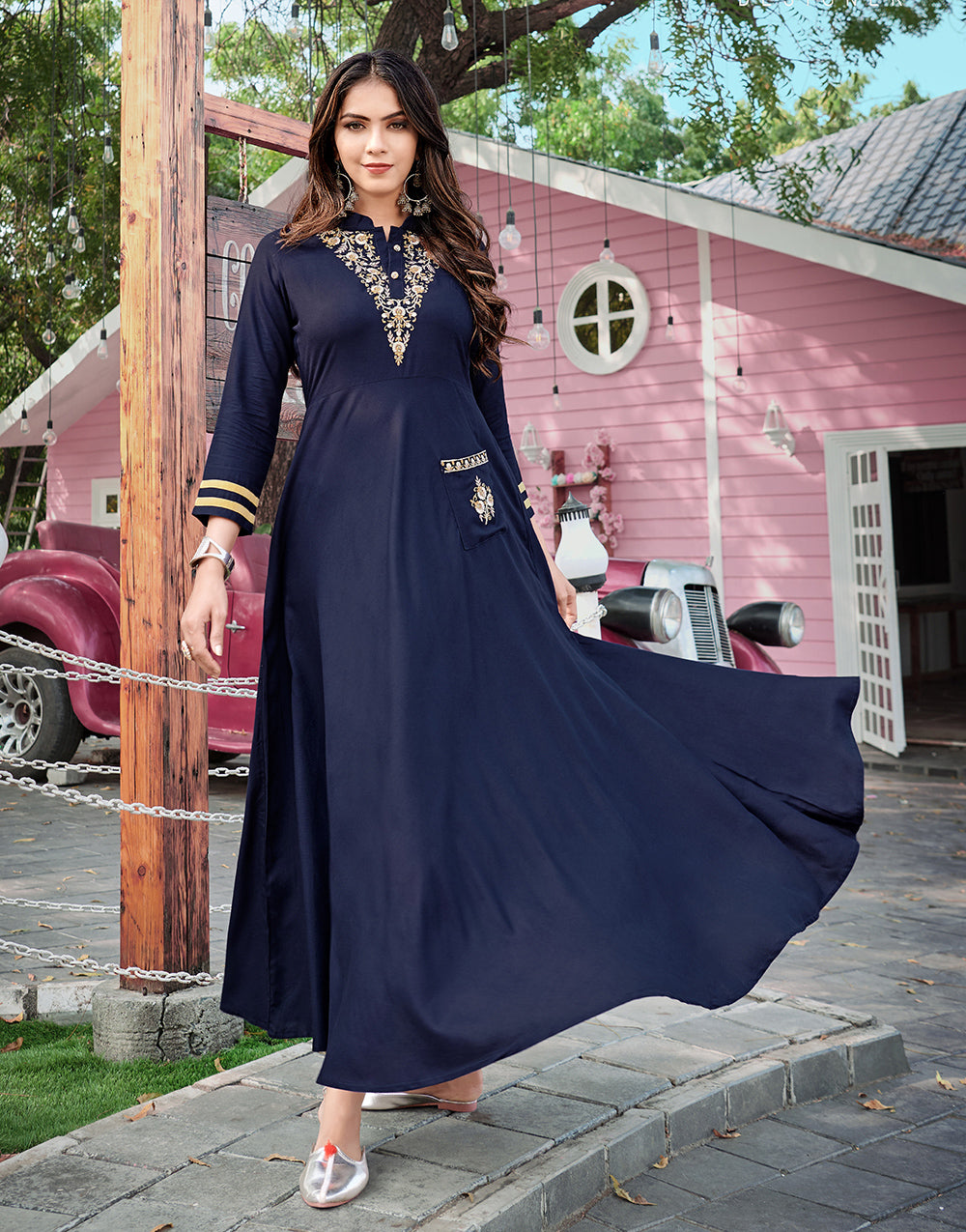 Navy Blue Rayon Cotton With Heavy Embroidery Long Kurti