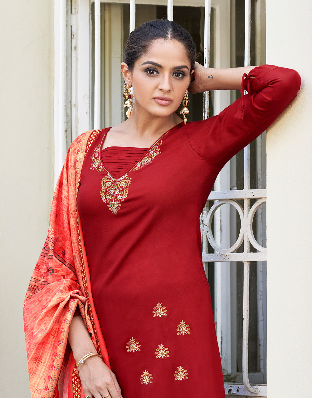 Ruby Red Rayon With Embroidery Work Salwar Suit