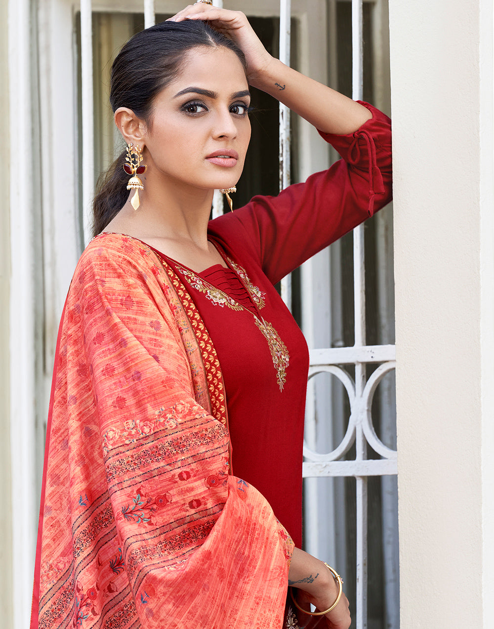 Ruby Red Rayon With Embroidery Work Salwar Suit