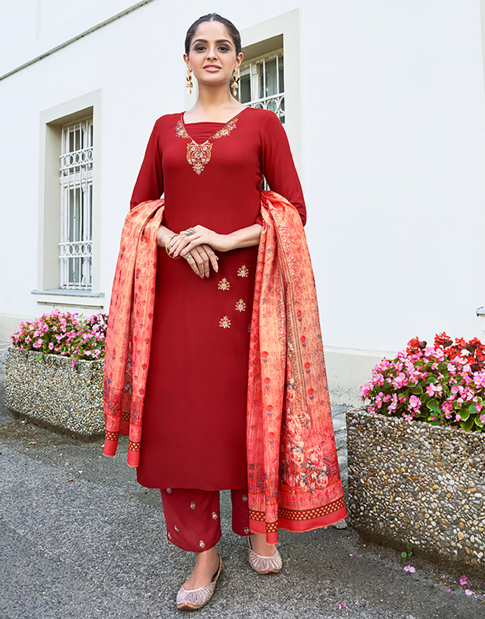 Ruby Red Rayon With Embroidery Work Salwar Suit