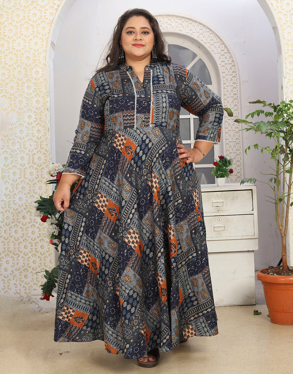 Light Grey & Black Rayon With Printed Long Kurti
