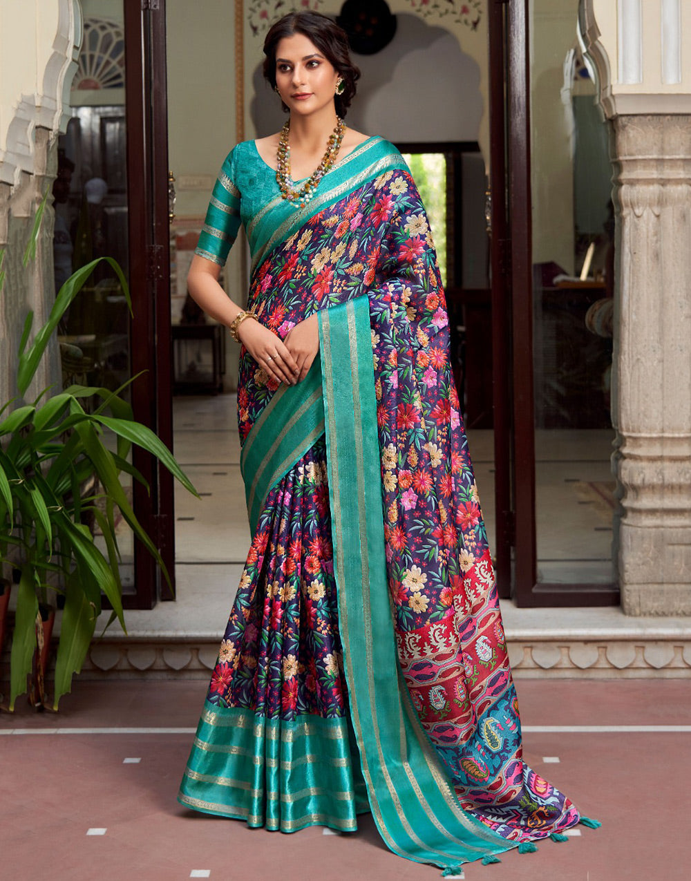 Tiffany Blue Soft Cotton Saree With Flover Printed Work