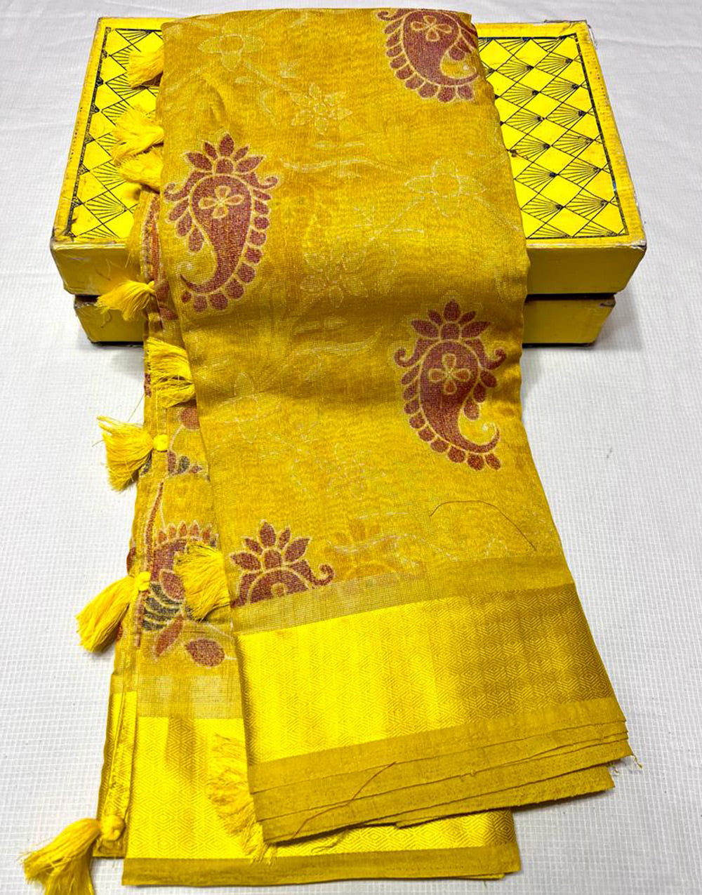 Mustard Yellow Karagiri Brasso Saree With Printed Work