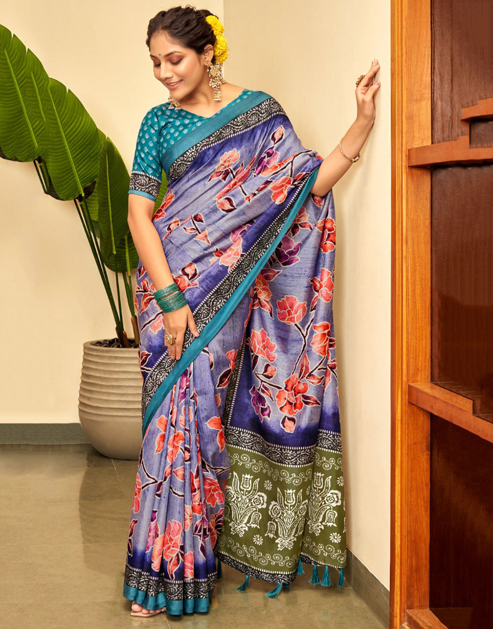 Purplish Blue Dola Silk Saree With Floral Printed Work