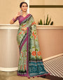 Light Green & Magenta Dola Silk Saree With Floral Printed Work