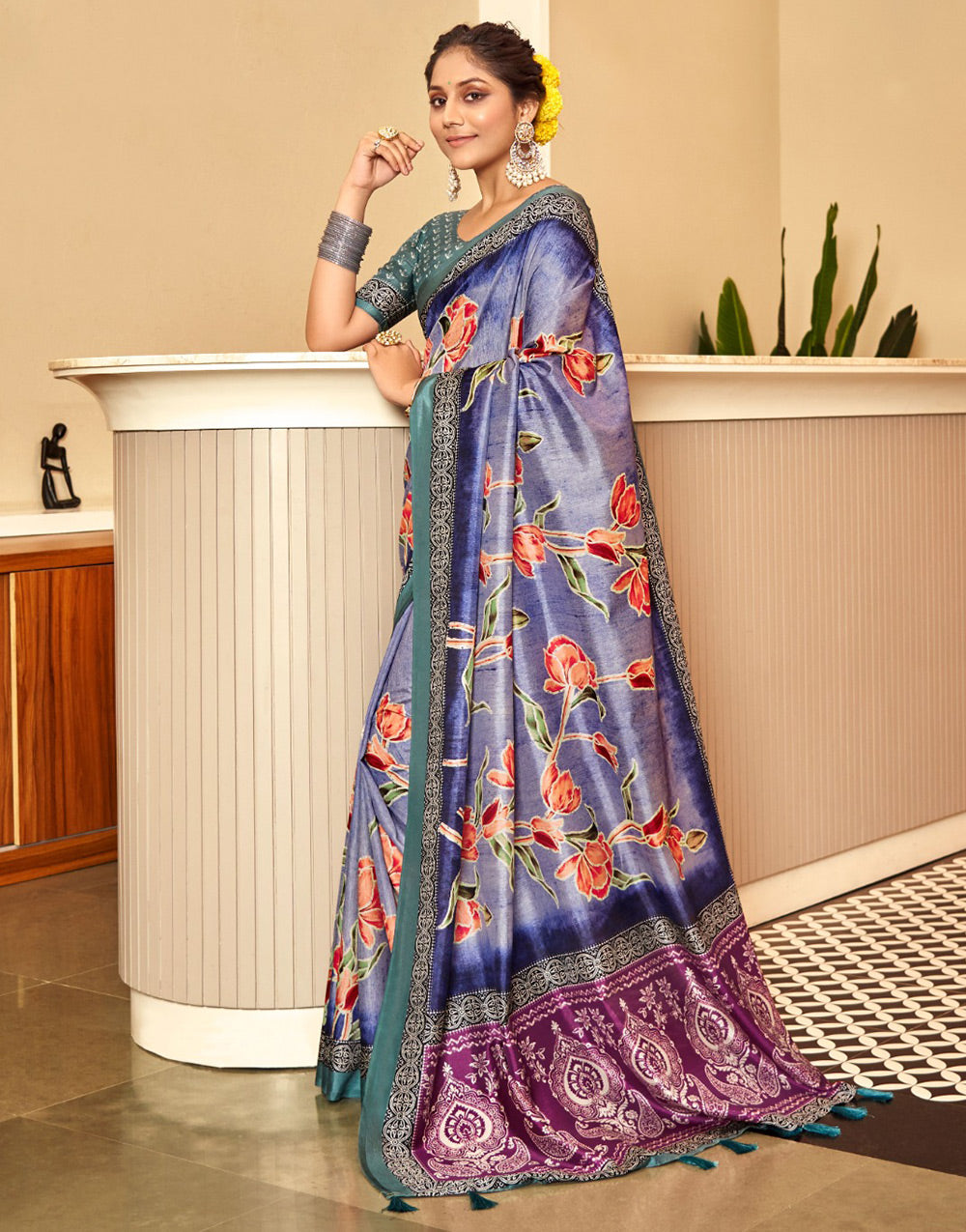 Dull Lavender & Rama Green Dola Silk Saree With Floral Printed Work