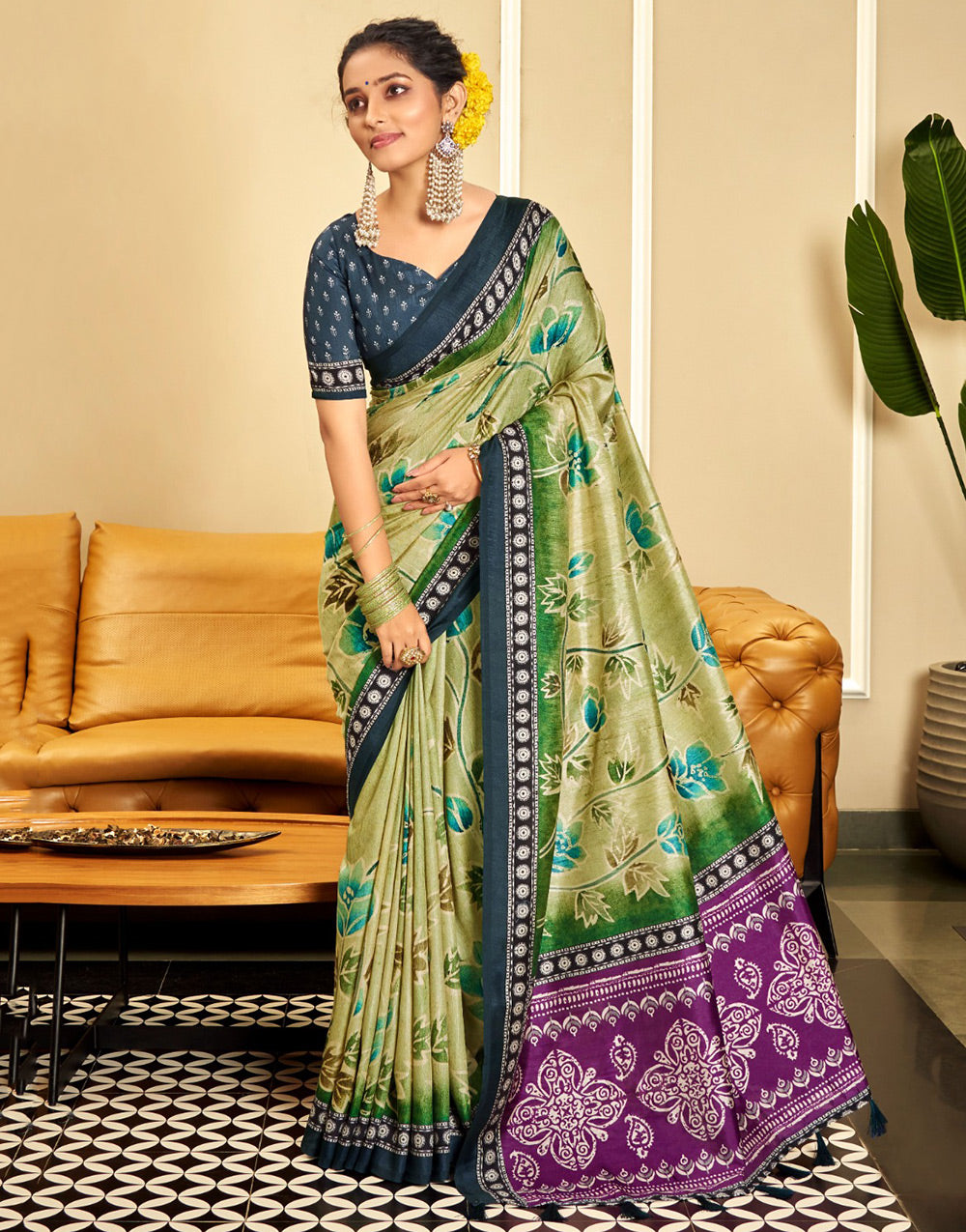 Light Olive Green Dola Silk Saree With Floral Printed Work