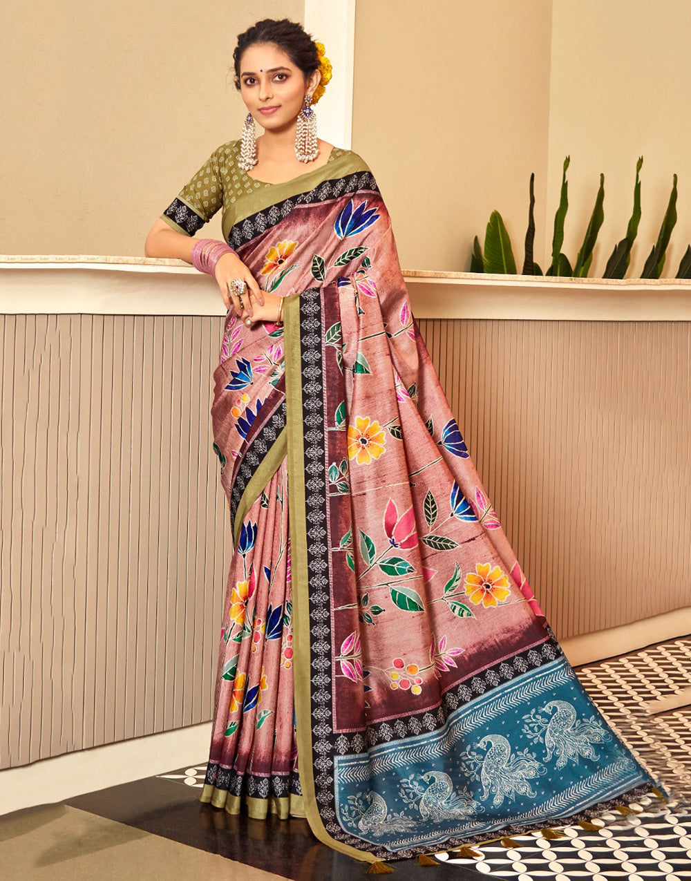 Peach & Mehndi Dola Silk Saree With Floral Printed Work