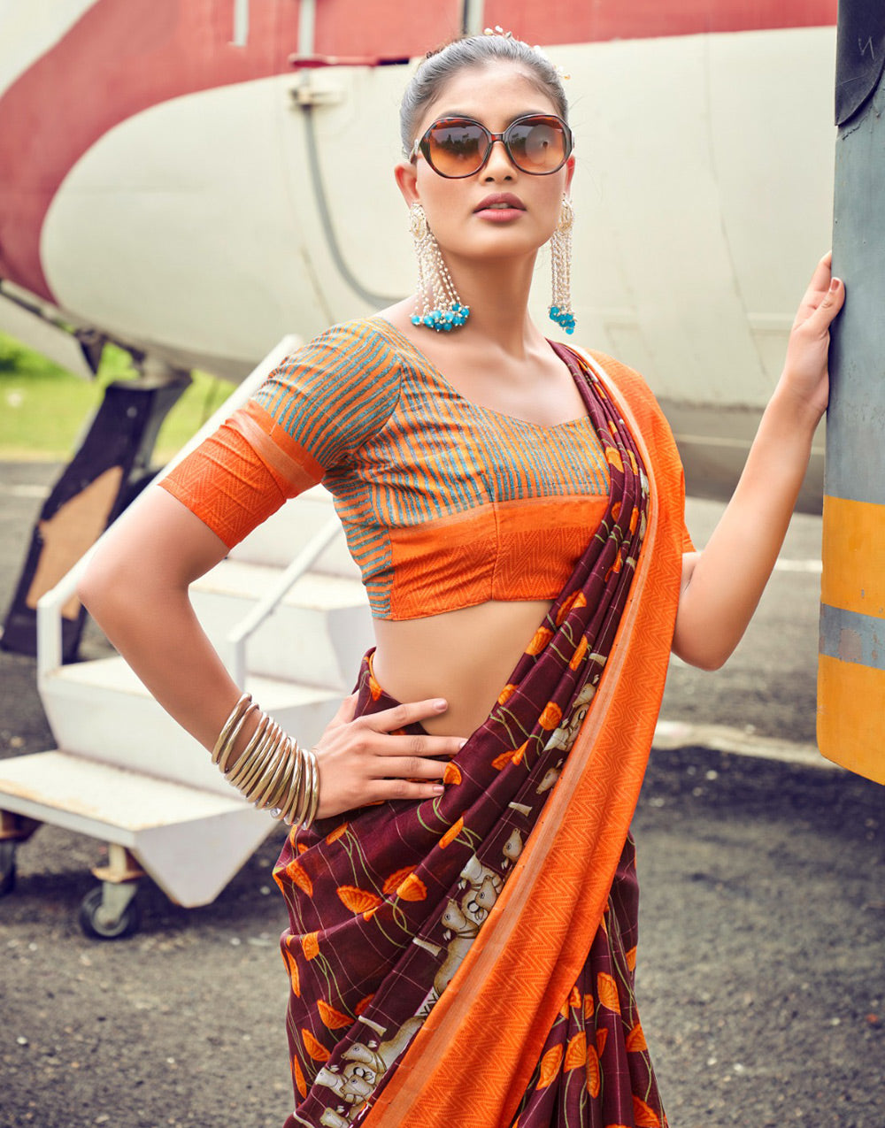Maroon & Orange Muslin Tassar Cotton Khadi With Printed Work