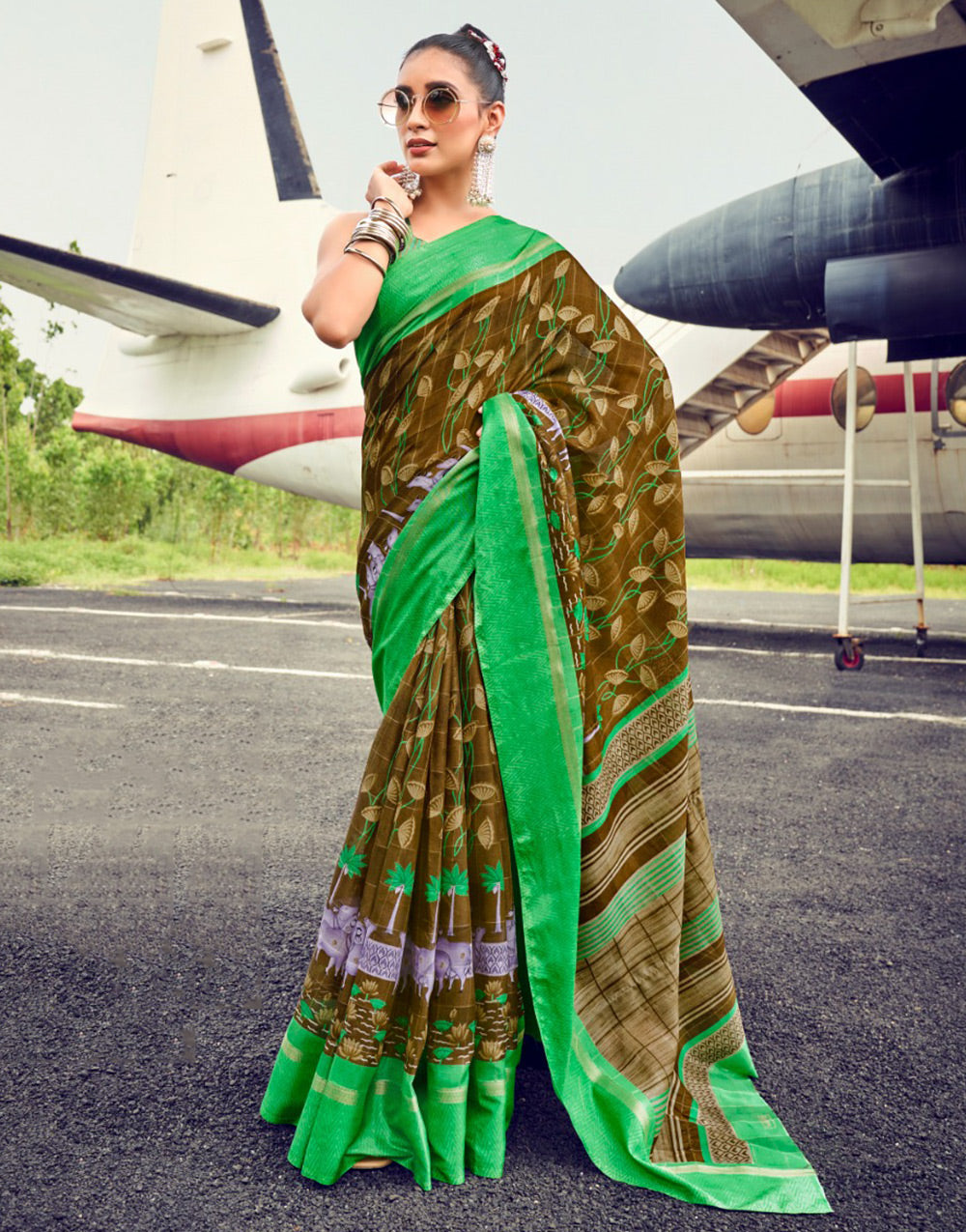 Dark Olive Green Muslin Tassar Cotton Khadi With Printed Work