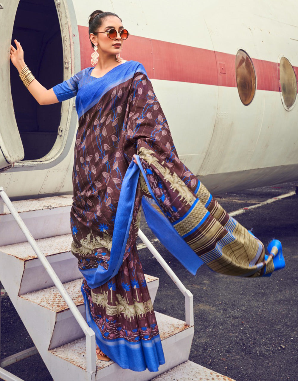 Brown & Royal Blue Muslin Tassar Cotton Khadi With Printed Work