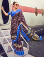 Brown & Royal Blue Muslin Tassar Cotton Khadi With Printed Work