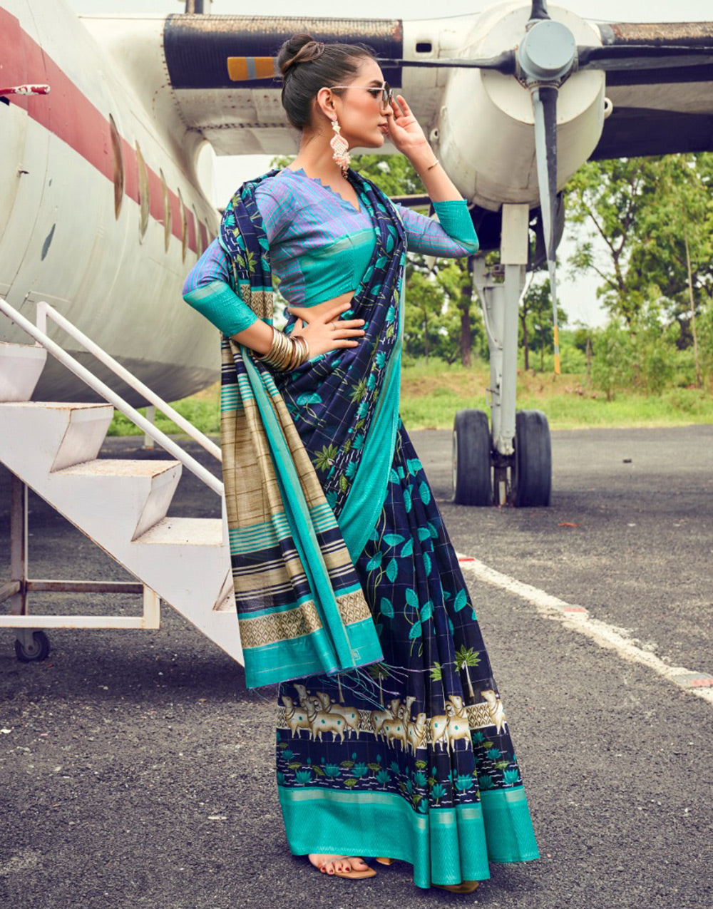 Navy Blue Muslin Tassar Cotton Khadi With Printed Work