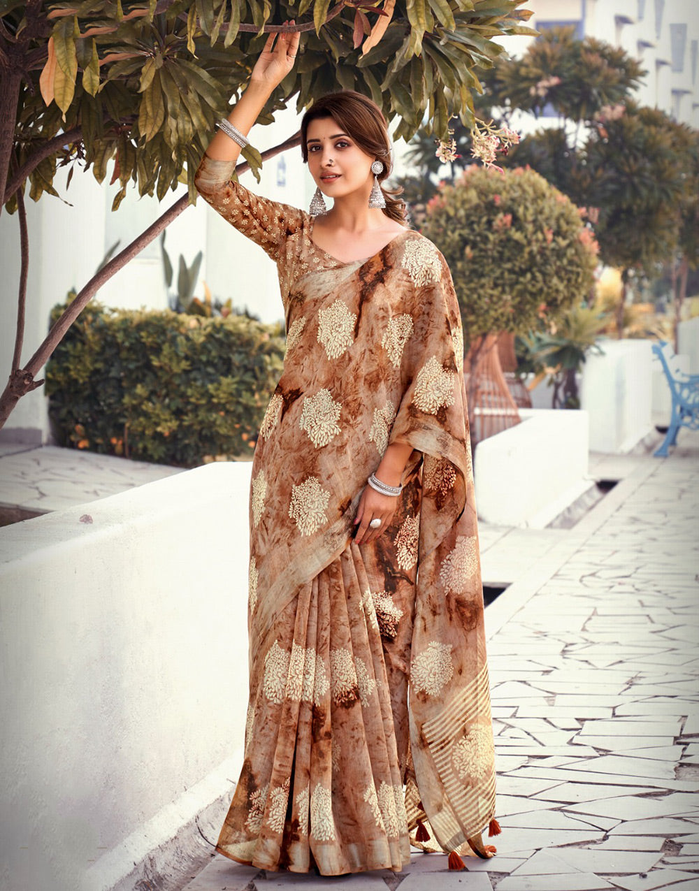 Light Brown Linen Silk Saree With Flower Printed Work
