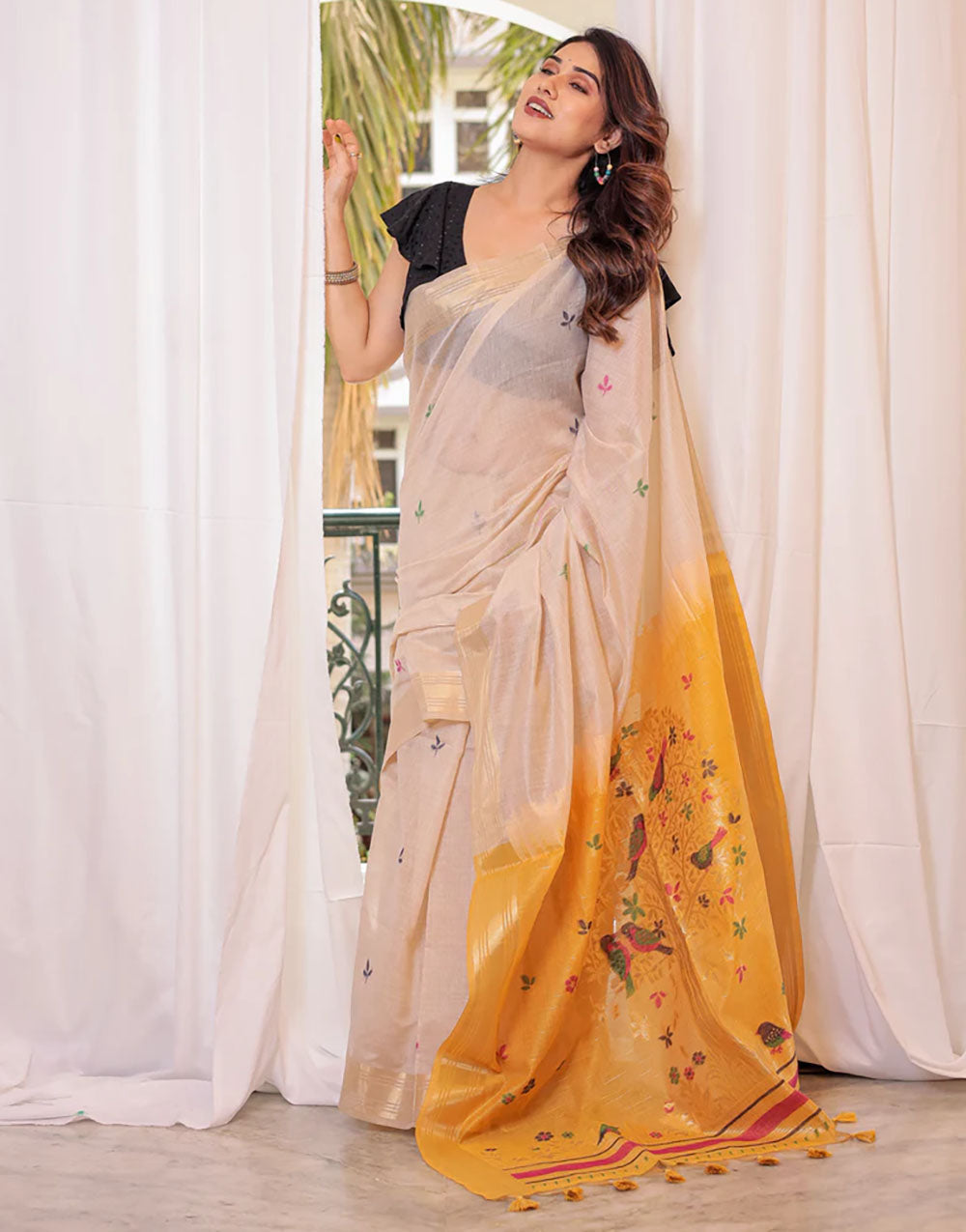 Cream Tan & Yellow Soft Cotton Saree With Weaving Work