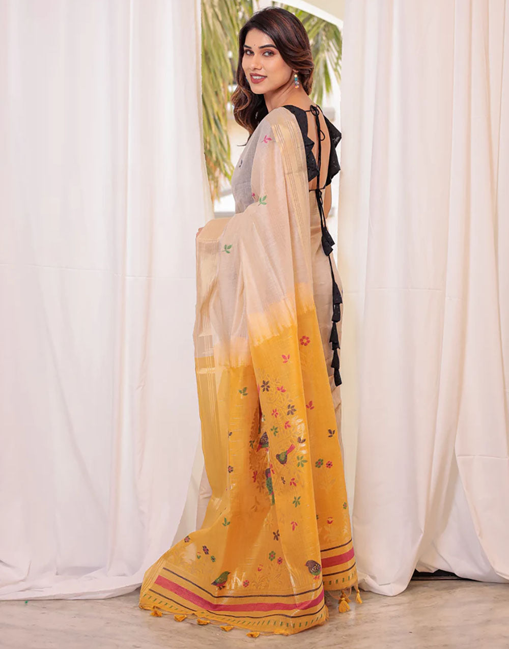 Cream Tan & Yellow Soft Cotton Saree With Weaving Work