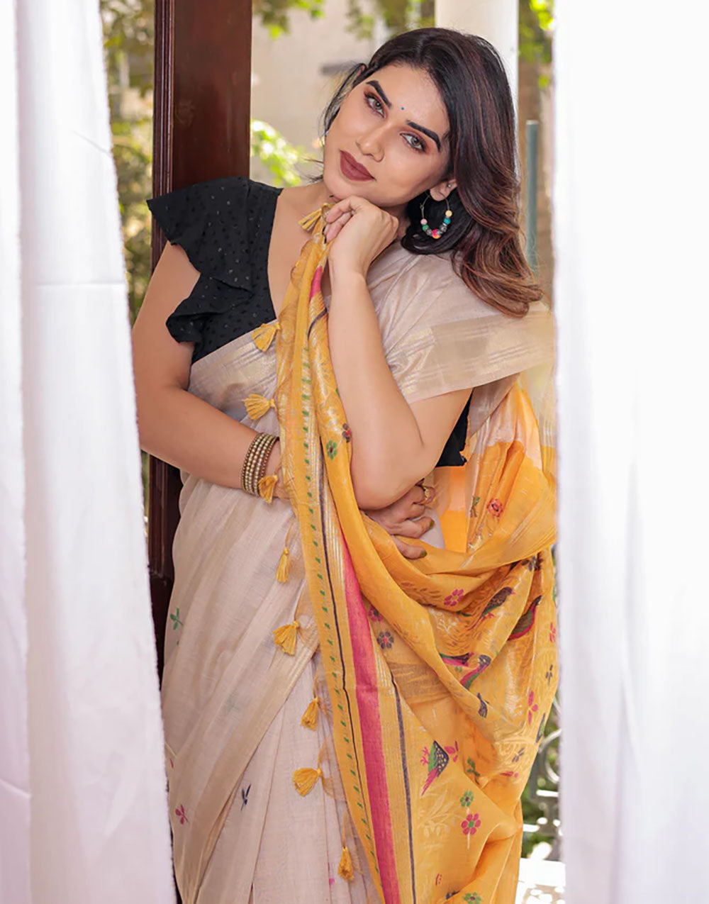 Cream Tan & Yellow Soft Cotton Saree With Weaving Work