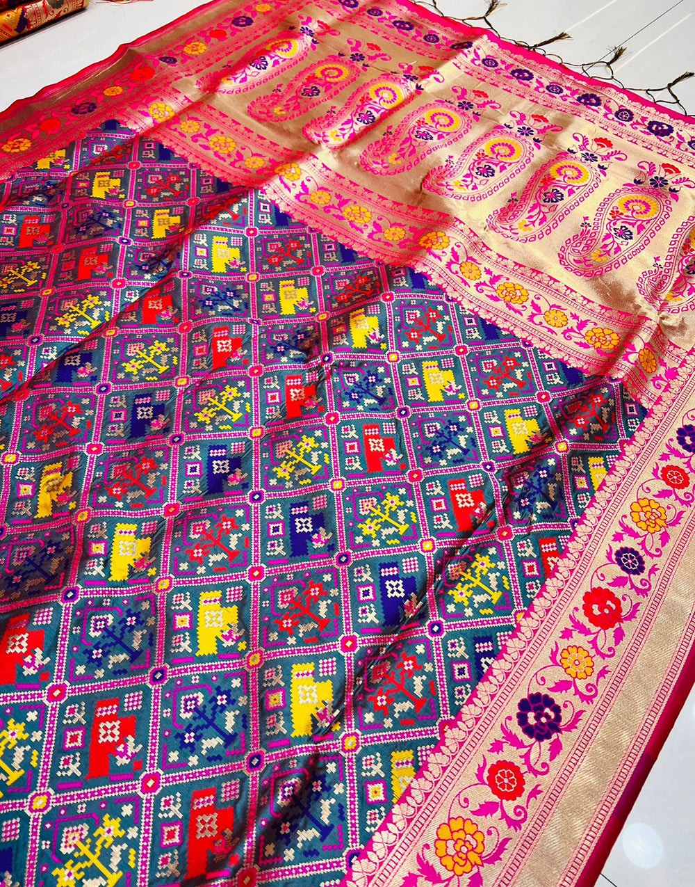Dark Gray & Pink Soft Patola Silk Saree With Zari Weaving Work