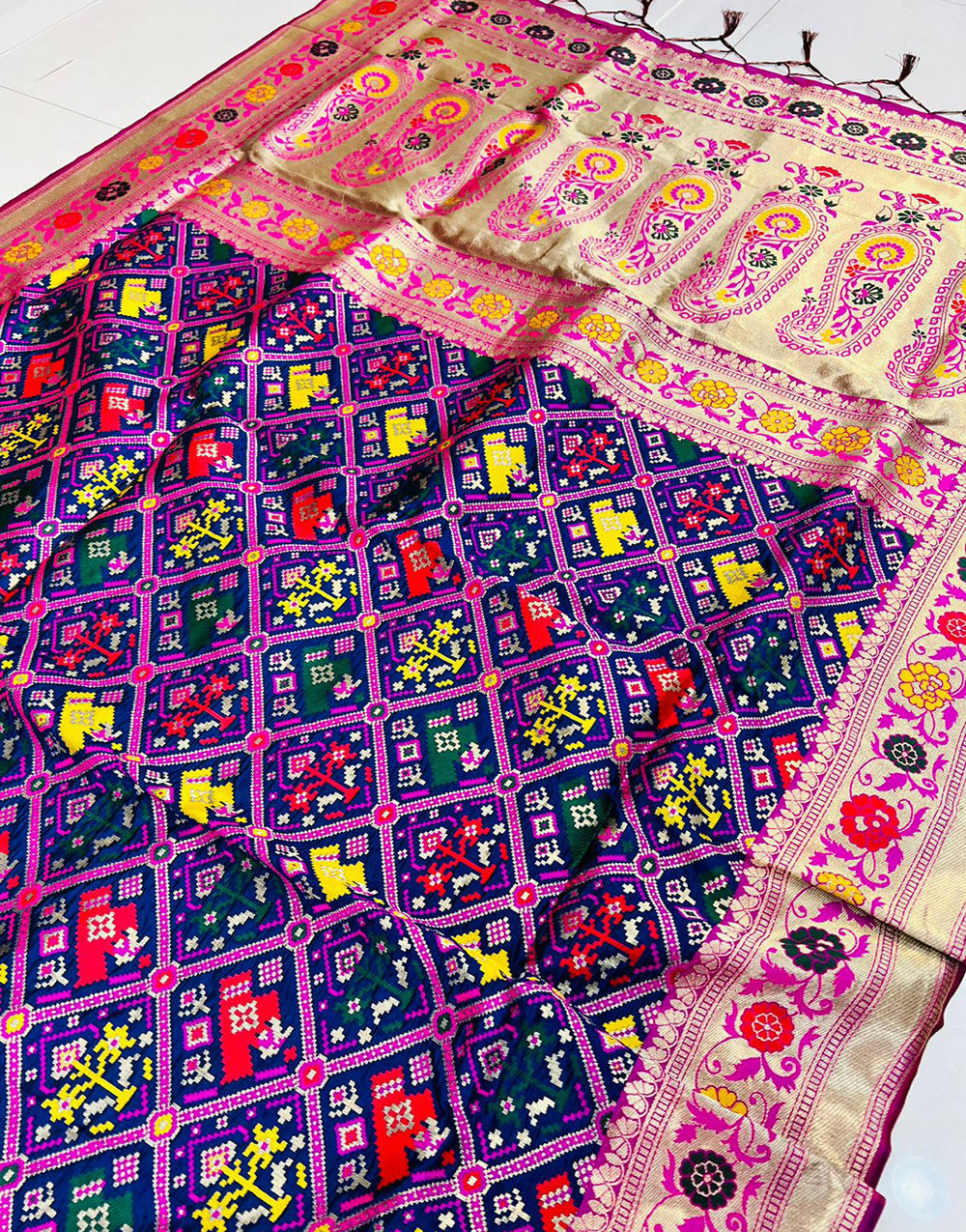 Navy Blue Soft Patola Silk Saree With Zari Weaving Work
