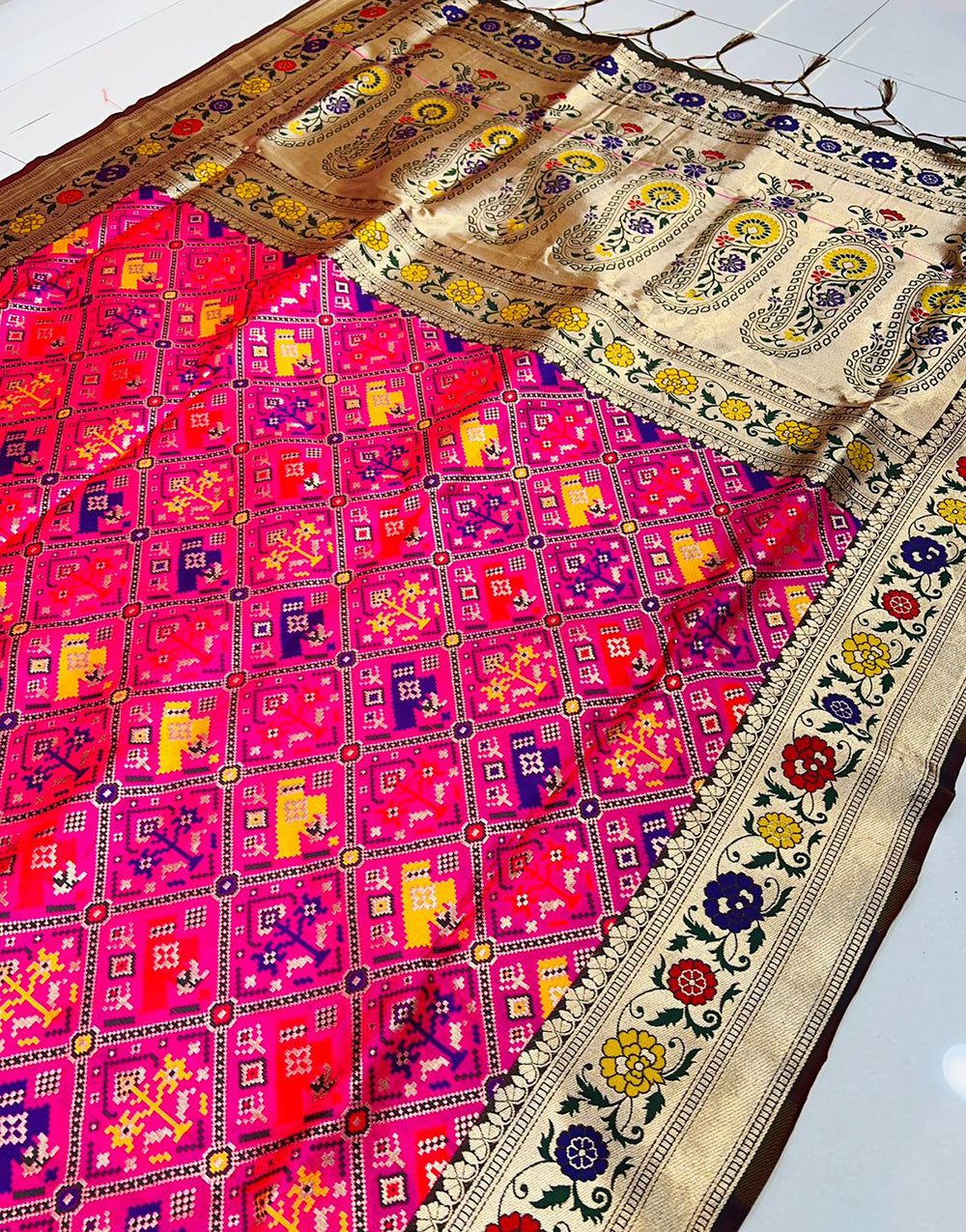 Pink Soft Patola Silk Saree With Zari Weaving Work