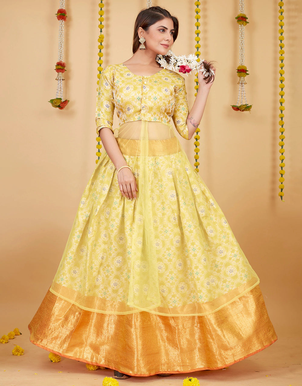 Yellow Soft Silk Meenakari Zari Weaving Lehenga Choli