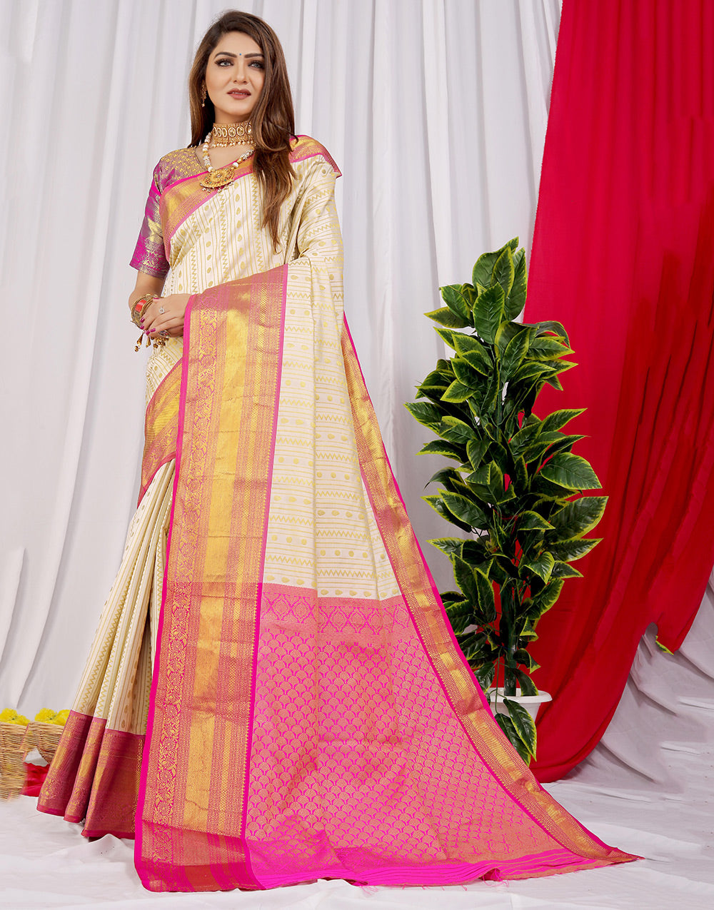 Off White & Pink Soft Silk With Zari Weaving Work