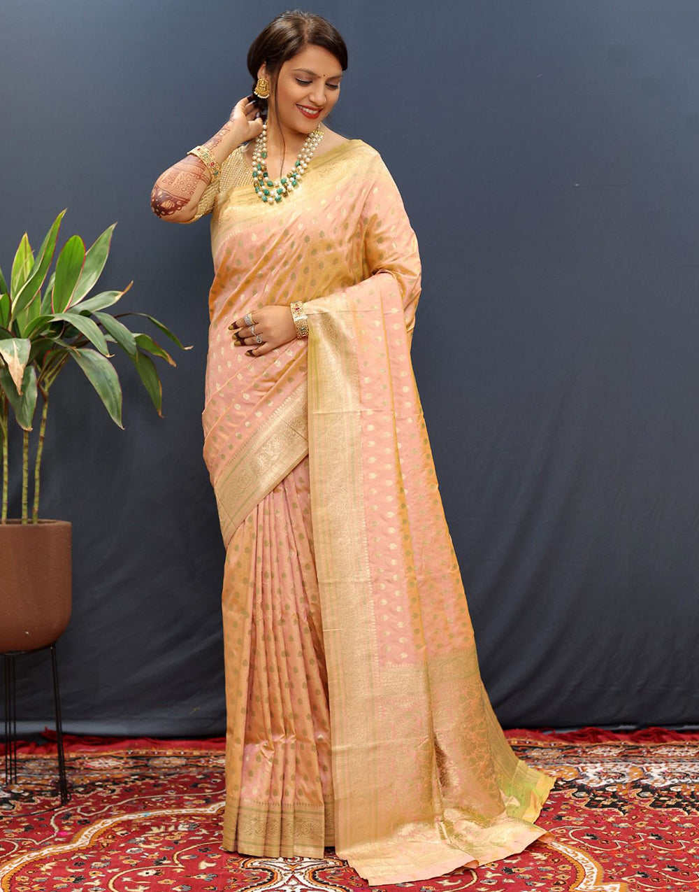 Light Peach Handloom Silk Saree With Zari Weaving Work