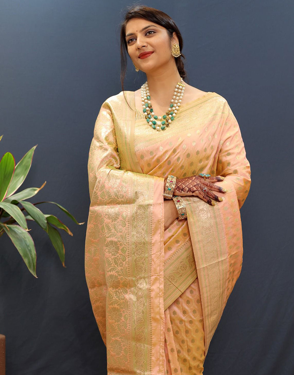 Light Peach Handloom Silk Saree With Zari Weaving Work