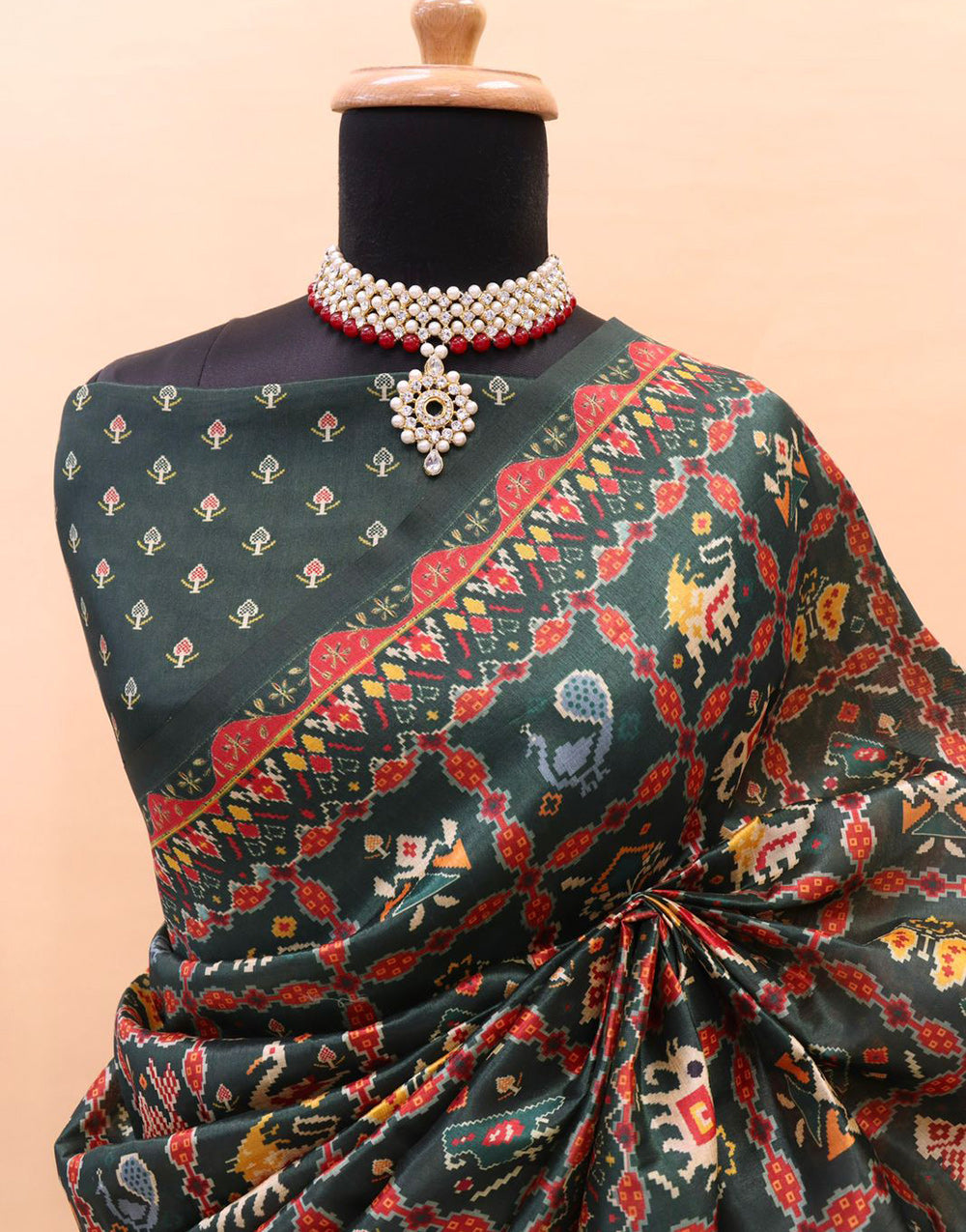 Bottle Dark Green Soft Silk Patola Printed Saree