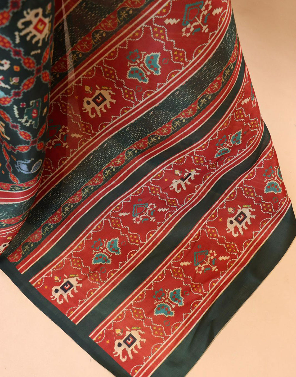 Bottle Dark Green Soft Silk Patola Printed Saree