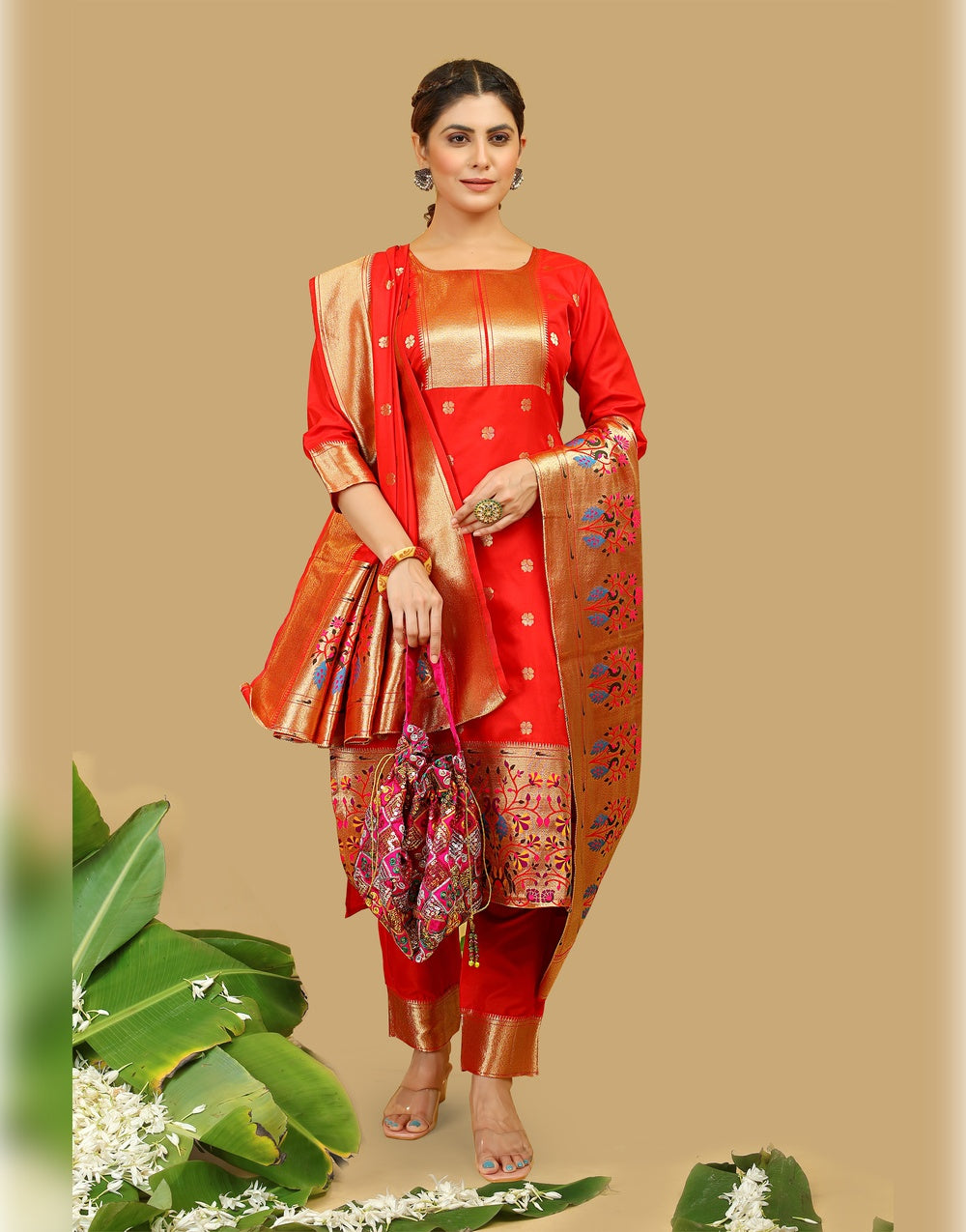 Red Paithani Soft Silk Salwar Suit