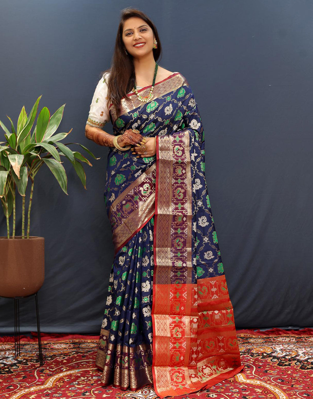Navy Blue Patola Silk Saree With Zari Weaving Work