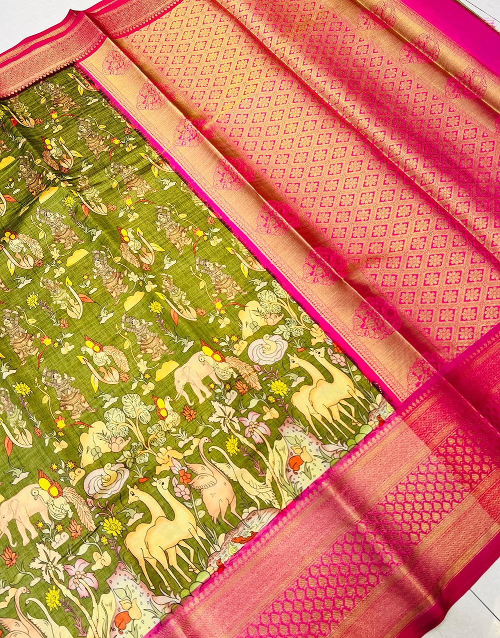 Mehndi Tissue Silk Saree With Kalamkari Digital Printed & Weaving Border