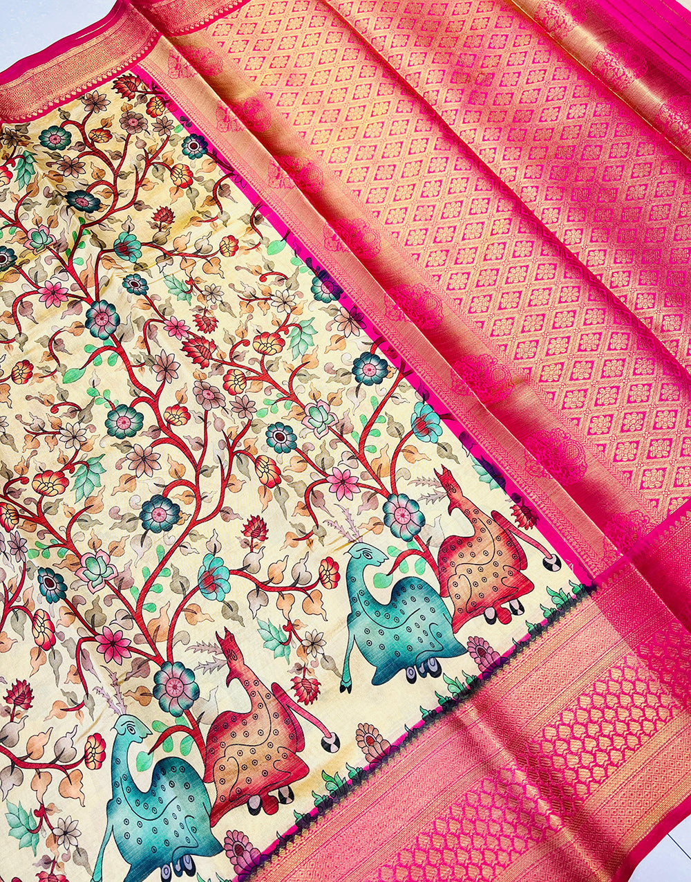 Ceram Tissue Silk Saree With Kalamkari Digital Printed & Weaving Border