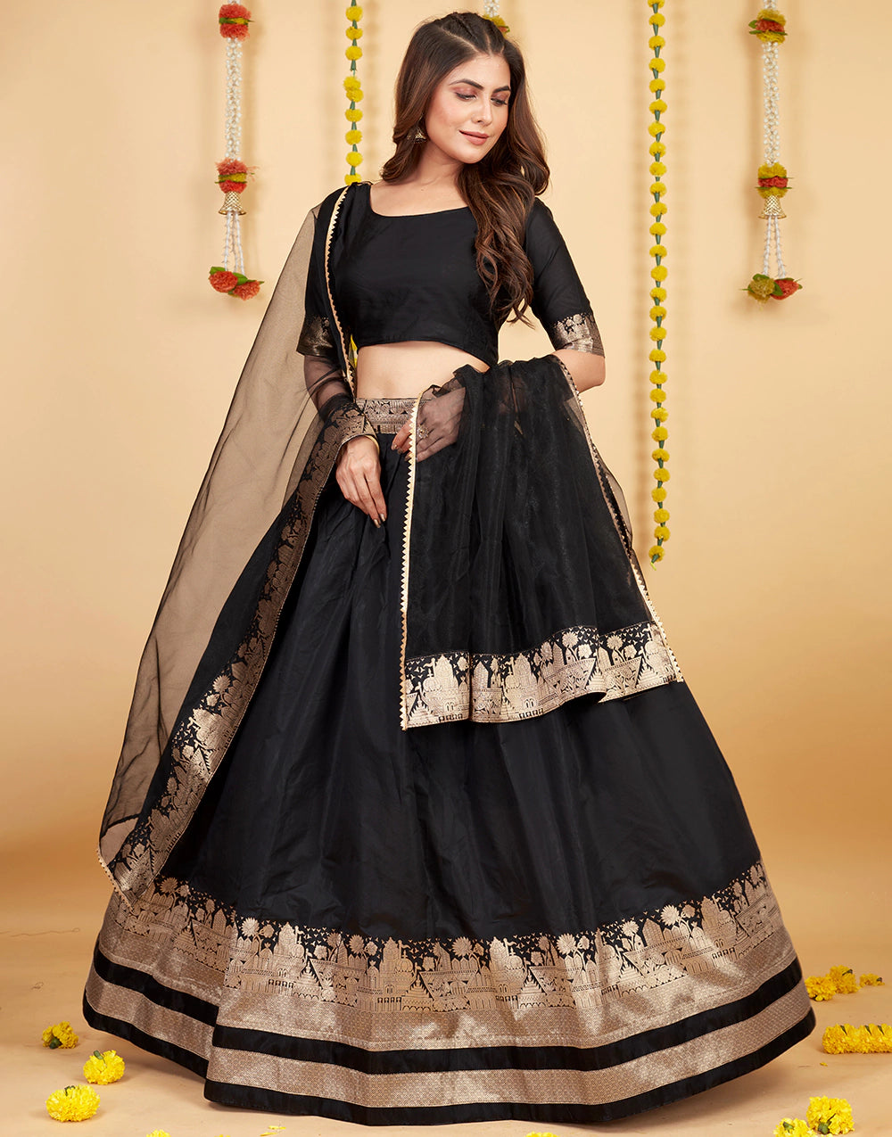 Black Soft Silk Weaving Zari Work Lehenga Choli