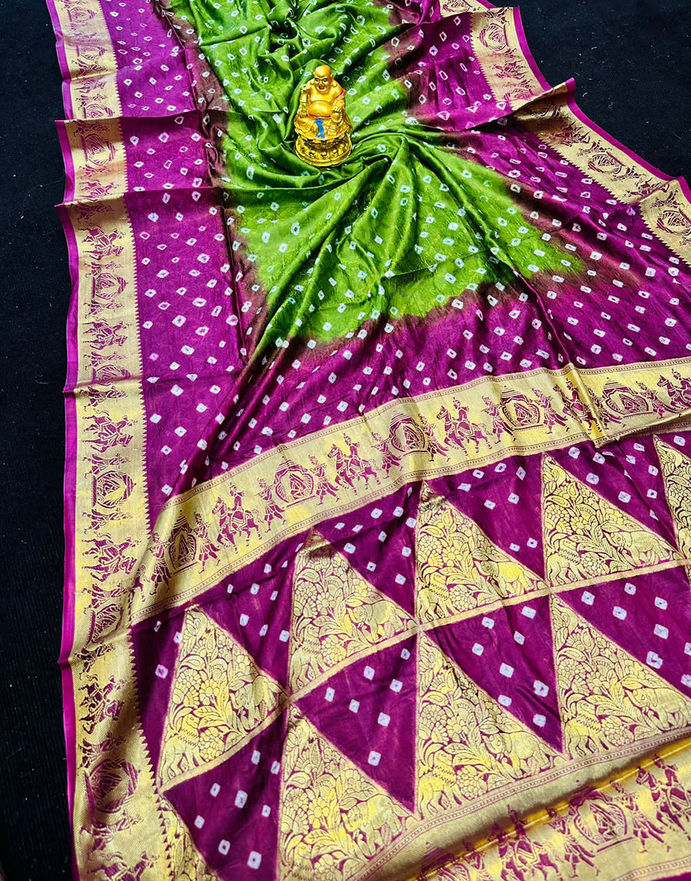 Green & Wine Hand Bandhej Saree With Zari Weaving Work