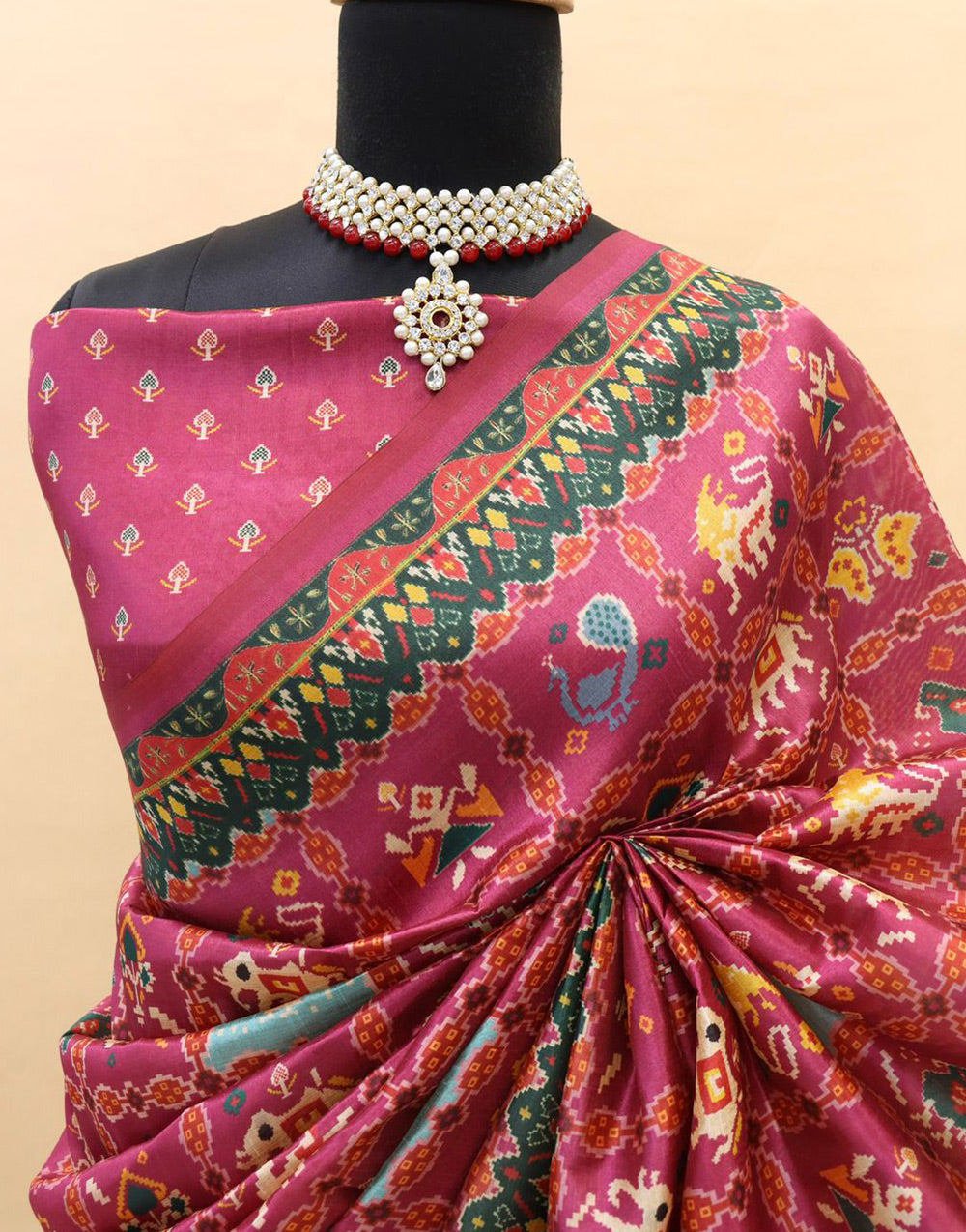 Rospberry Rose Patola Silk Saree With Printed Work
