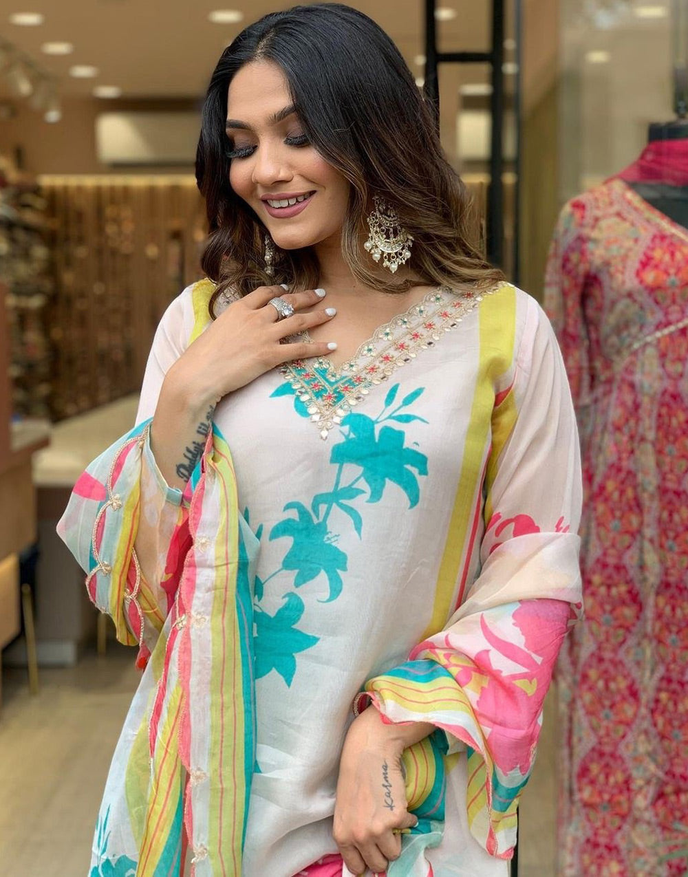 Multi Colour Organza With Printed & Embroidery Kurti