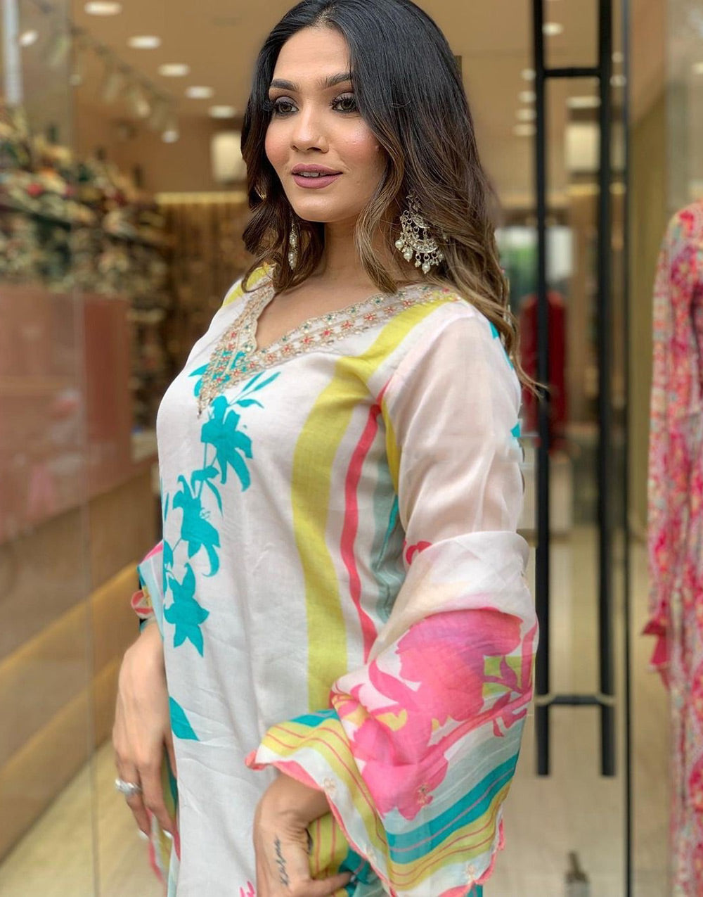 Multi Colour Organza With Printed & Embroidery Kurti