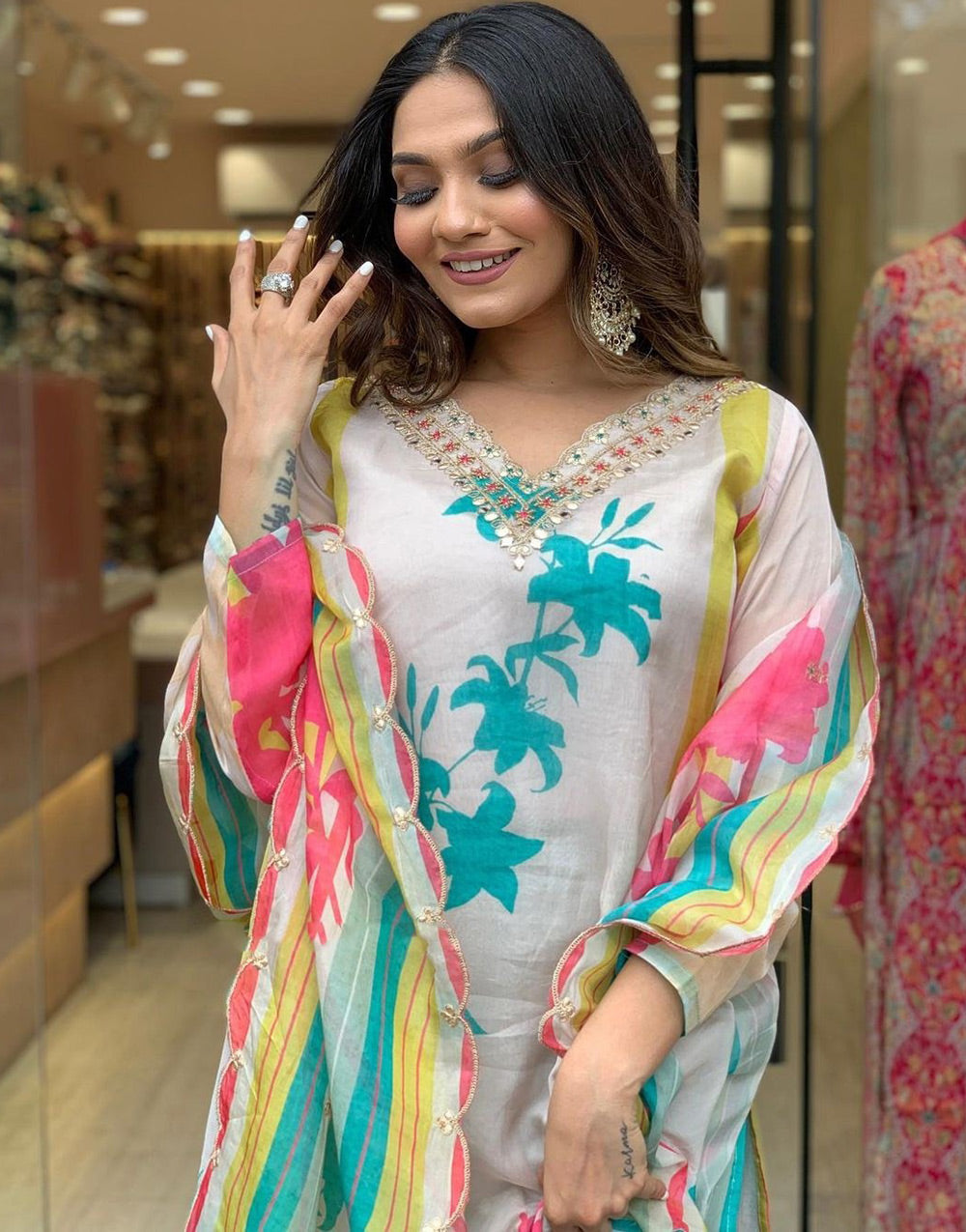 Multi Colour Organza With Printed & Embroidery Kurti