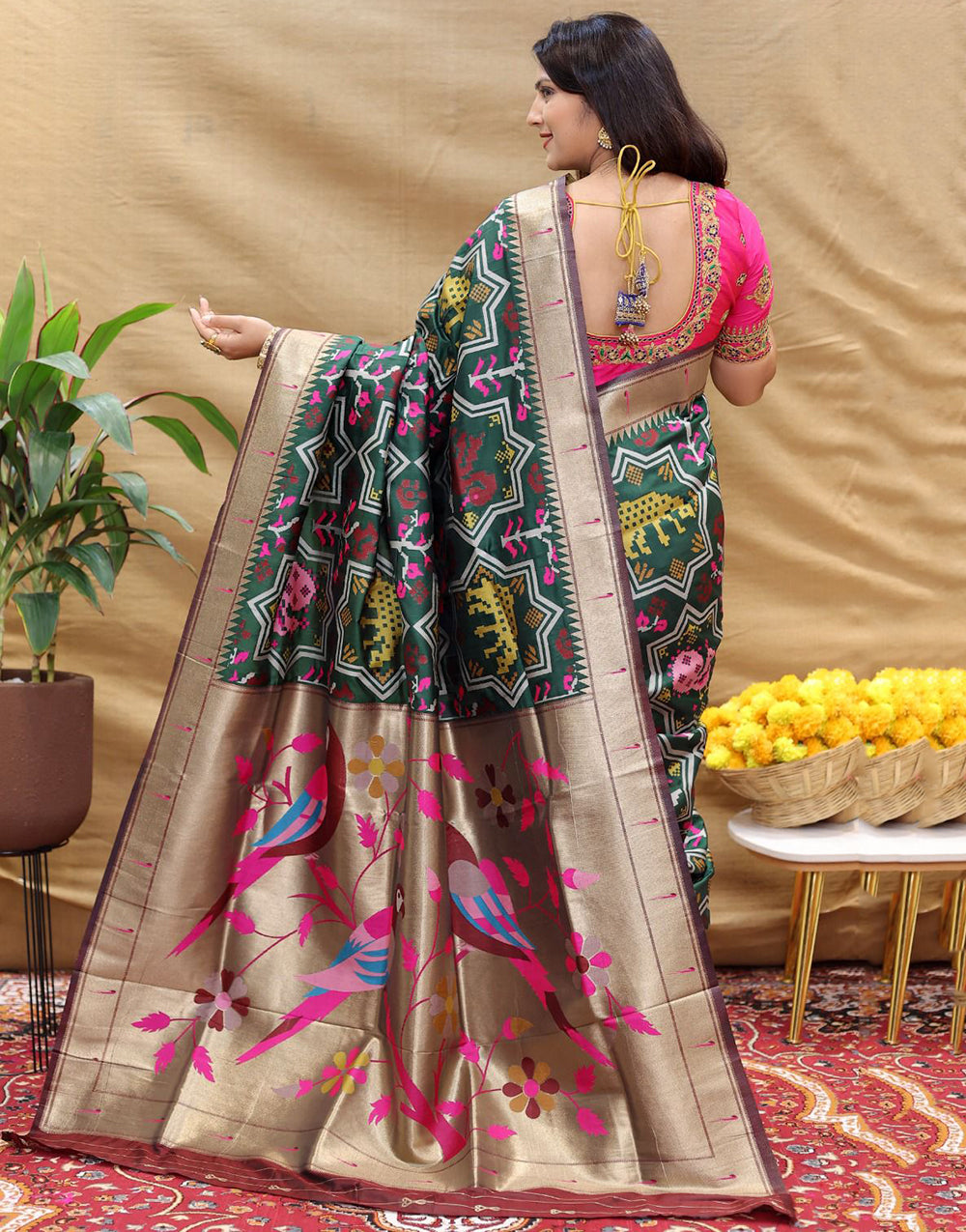 Bottle Green Paithani Silk Saree With Zari Weaving Work