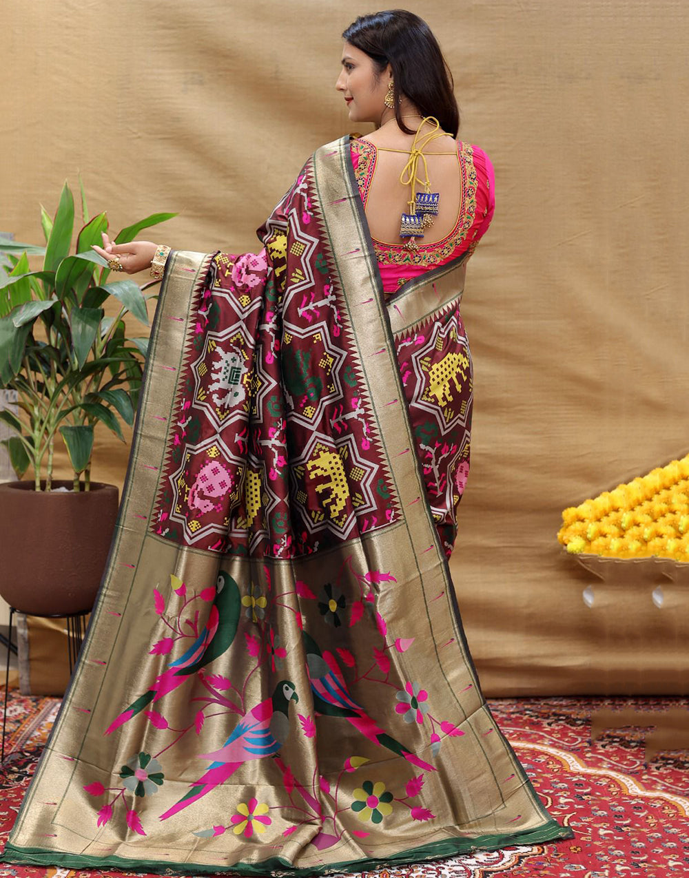 Dark Maroon Paithani Silk Saree With Zari Weaving Work