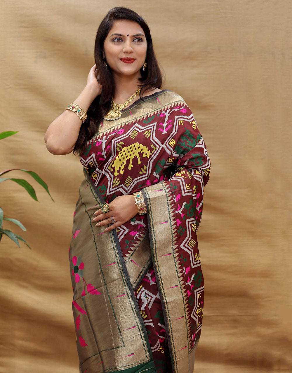 Dark Maroon Paithani Silk Saree With Zari Weaving Work