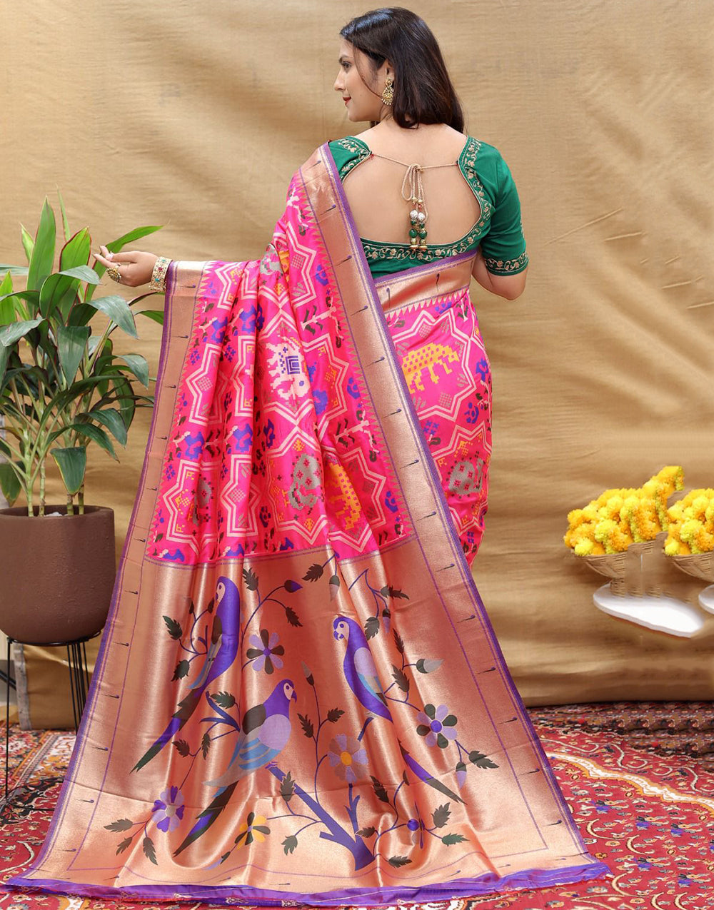 Pink Paithani Silk Saree With Zari Weaving Work