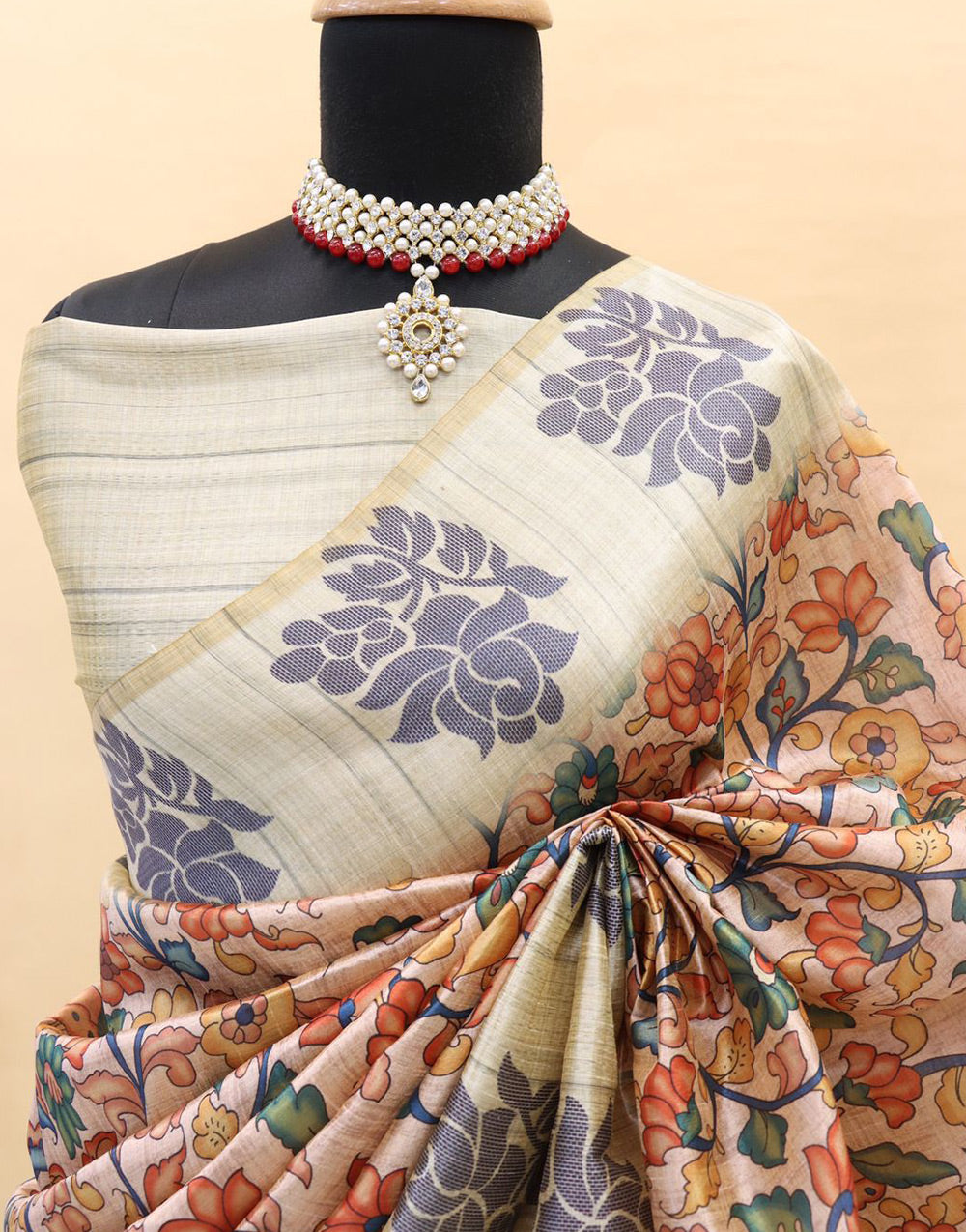 Beige Soft Silk Saree With Printed Work